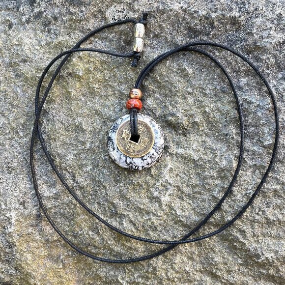 Black Crazy Lace Agate and Lucky Coin Pendant | Handmade - Picture 4 of 5